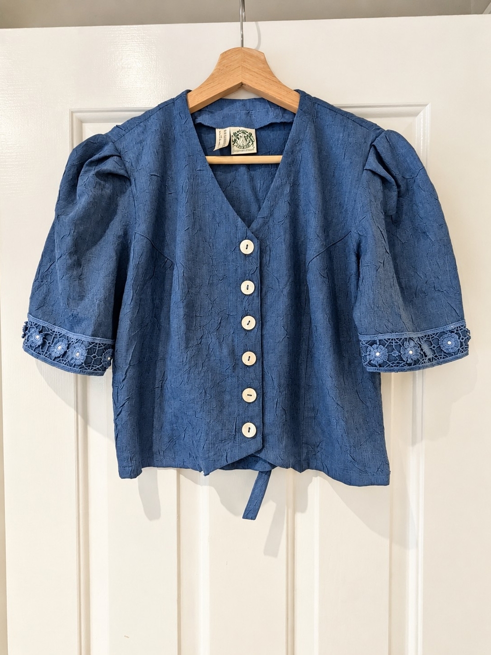 Vintage Hammerschmid Coquette Wool Blouse Puff Sleeve Blue Cottagecore Top S/M